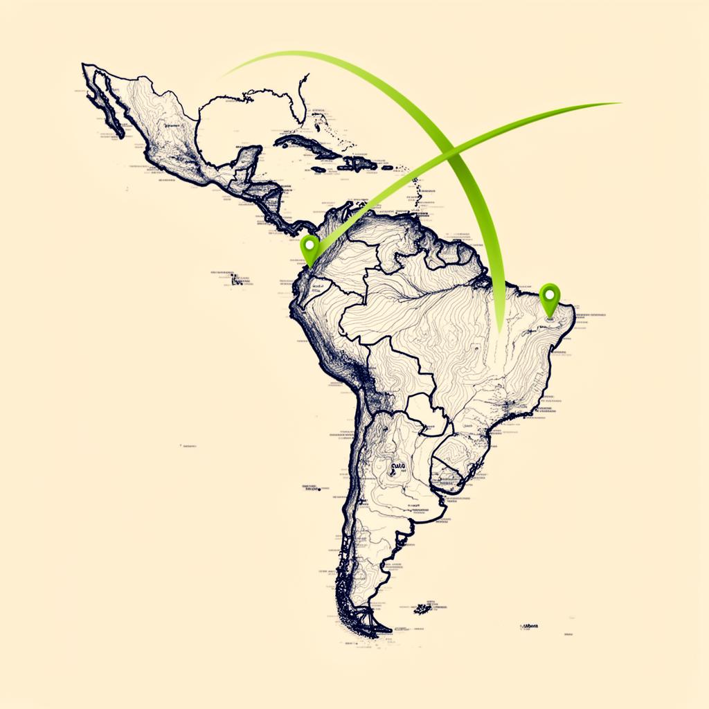 Editorial map of Latin America with a parabolic jump arc